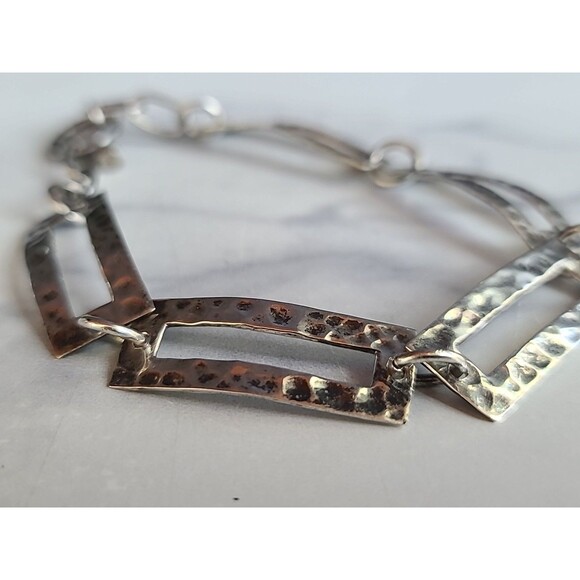925 Sterling Hammered Silver Link Bracelet Vintage Toggle Closure - Picture 5 of 10